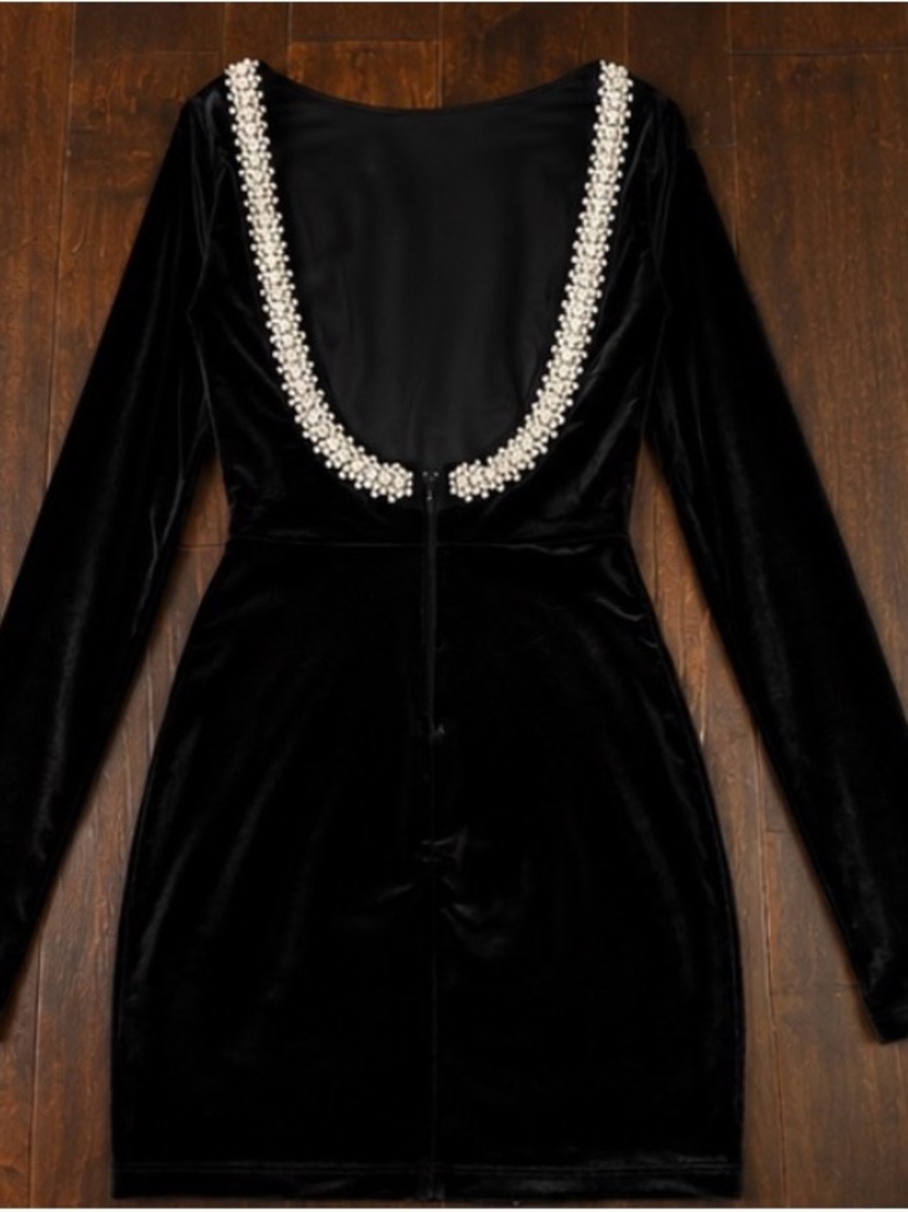 Windsor Black Velvet Mini Dress with Pearl-Embellished Shoulders